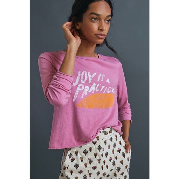 NEW Anthropologie Joy Is Practice Petula Pink Cropped Graphic Tee Shirt X-Small - Picture 1 of 3
